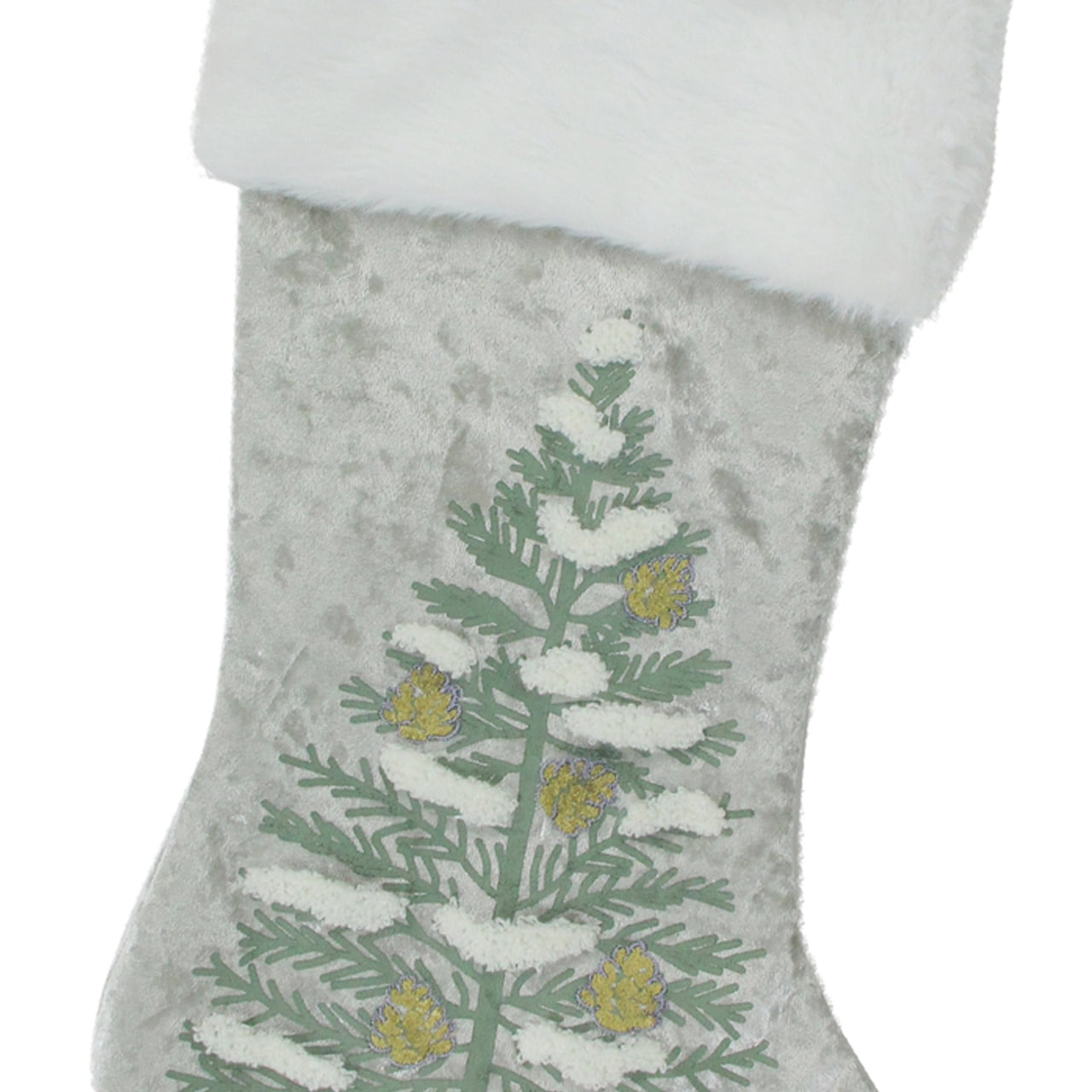 19.5" Snow Covered Green Tree Gray Christmas Stocking with White Cuff