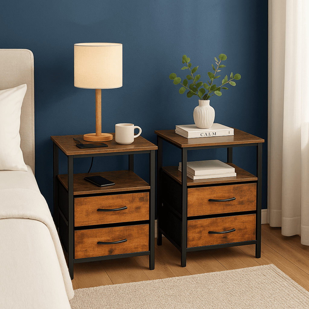 Homy Casa 2-Pack Nightstands with USB Ports and Drawers, Bedside Charging Table for Bedroom, Brown