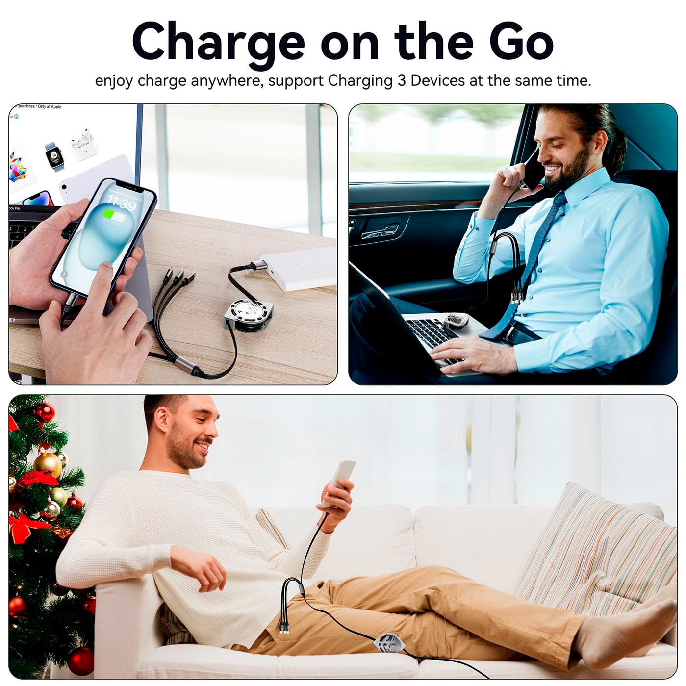 Multi Charging Cable 4A, 2Pack 4Ft Retractable Multi Fast Charger Cable, Multiple Charging Cord, 4 in 1 Multi USB Cable with Type C/Micro USB Ports for Cell Phones/IP/Galaxy/PS/Tablets/iPads