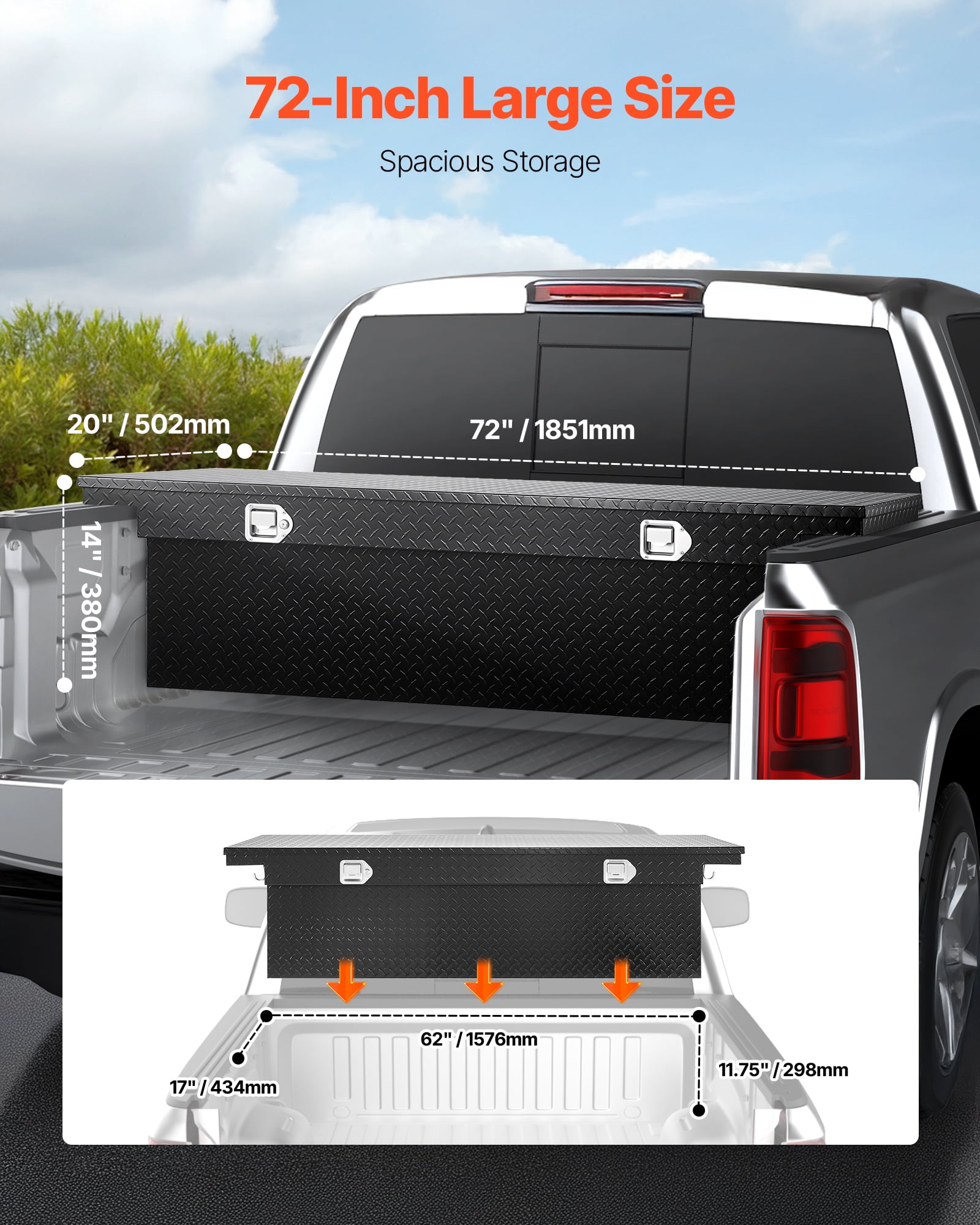 VEVOR Crossover Truck Tool Box, 72x20x14 In, Heavy Duty Aluminum Toolbox with Diamond Texture, Pick Up Truck Bed RV Trailer Toolbox, Waterproof Storage Organizer with Lock, Keys, Side Handles, Black