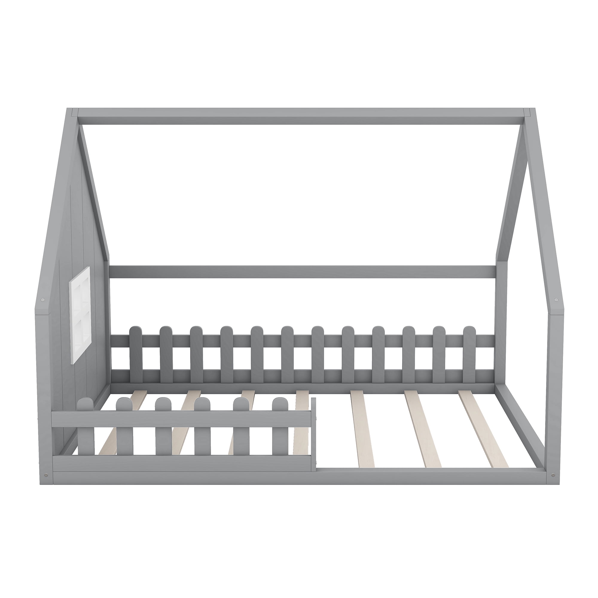 Bellemave Full Floor Bed with Fence and Window, Wooden Montessori Floor Bed,Full Size House Bed Frame,Gray