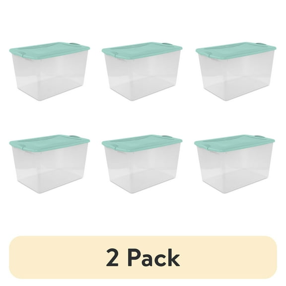 (2 pack) Sterilite Large Latching Storage Bin, 66 Quart Clear Plastic Storage Container with Latch Lid, Mint, 6 Pack