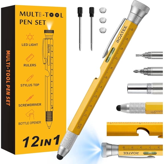 Fathers Day for Men Multi Tool Pen 12 in 1 Cool Stuff Gadgets Gifts for Husband Birthday Personalized Gift for Dad Fidget Construction Pen with Small Screwdriver, Level, Ruler,Led Light,Yellow