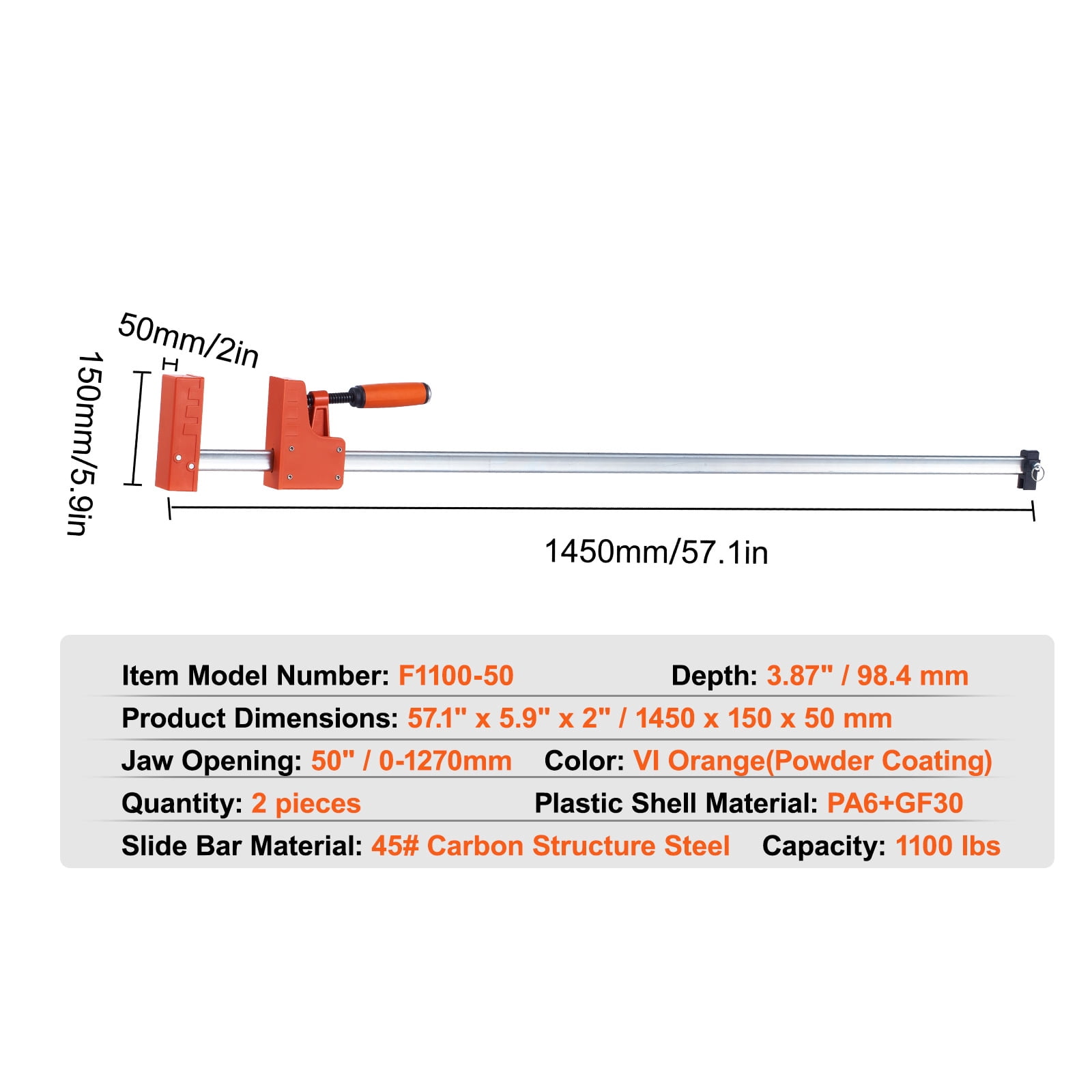 KFFKFF 50" Parallel Bar Clamps, 2-Pack Heavy-Duty F Clamps with 1100 lbs Load Capacity, Durable Plastic and Carbon Steel Construction, Ideal for Woodworking and Metalworking Projects