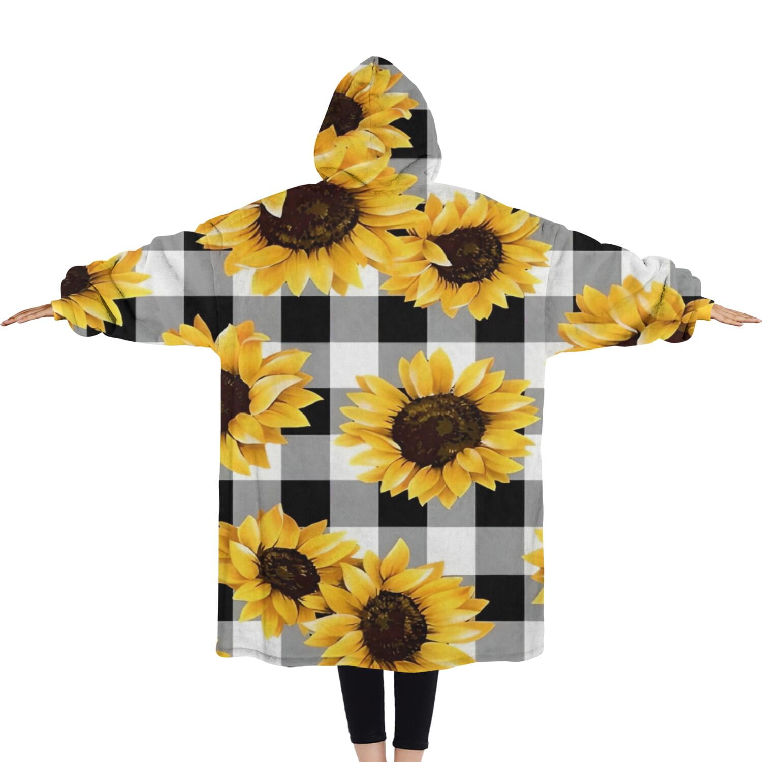 Oversized Wearable Blanket Hoodie,Black White Gray Checker Sunflower Pattern Sherpa Blanket Hoodie with Super Pockets,Super Warm Fuzzy Pullover for Women & Men