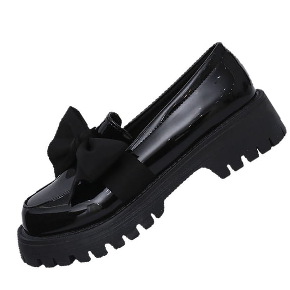 Black Women'S Round Toe Loafers With Bow Accent And Thick Sole For Everyday