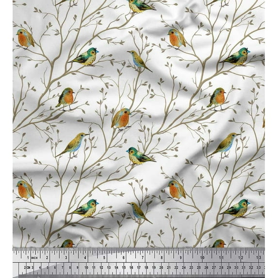 Soimoi White Poly Georgette Fabric Leaves & Flowerpecker Bird Fabric Prints By Yard 42 Inch Wide