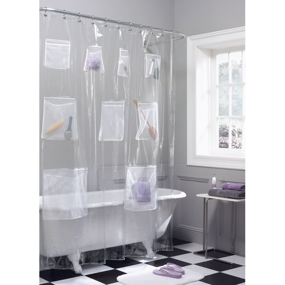 Clear PEVA Shower Curtain with 9 Mesh Storage Pockets, 70" x 72", Zenna Home Mesh Pockets