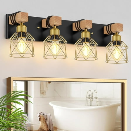 Farmhouse Bathroom Vanity Light Fixtures, 4-Light Wood Bathroom Lighting Over Mirror, Rustic Black Gold Sconces Wall Lighting with Metal Lampshade for Living Room, Bedroom, Hallway