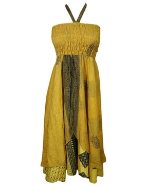 Mogul Womens Sundress Recycled Vintage Silk Sari Dream Believer Two Layer Boho Fashion Printed Summer Halter Dress