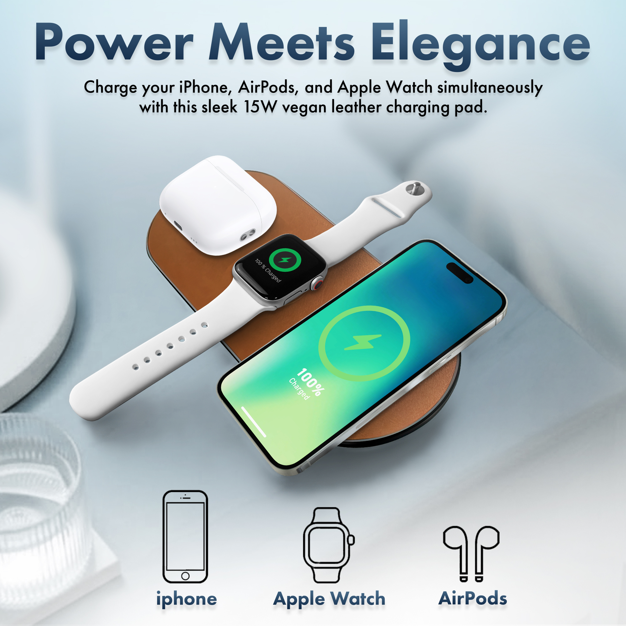 MVMT 15W Wireless Charging Pad Premium Vegan Leather 3-in-1 Fast Charger for Phone, AirPods & Apple Watch