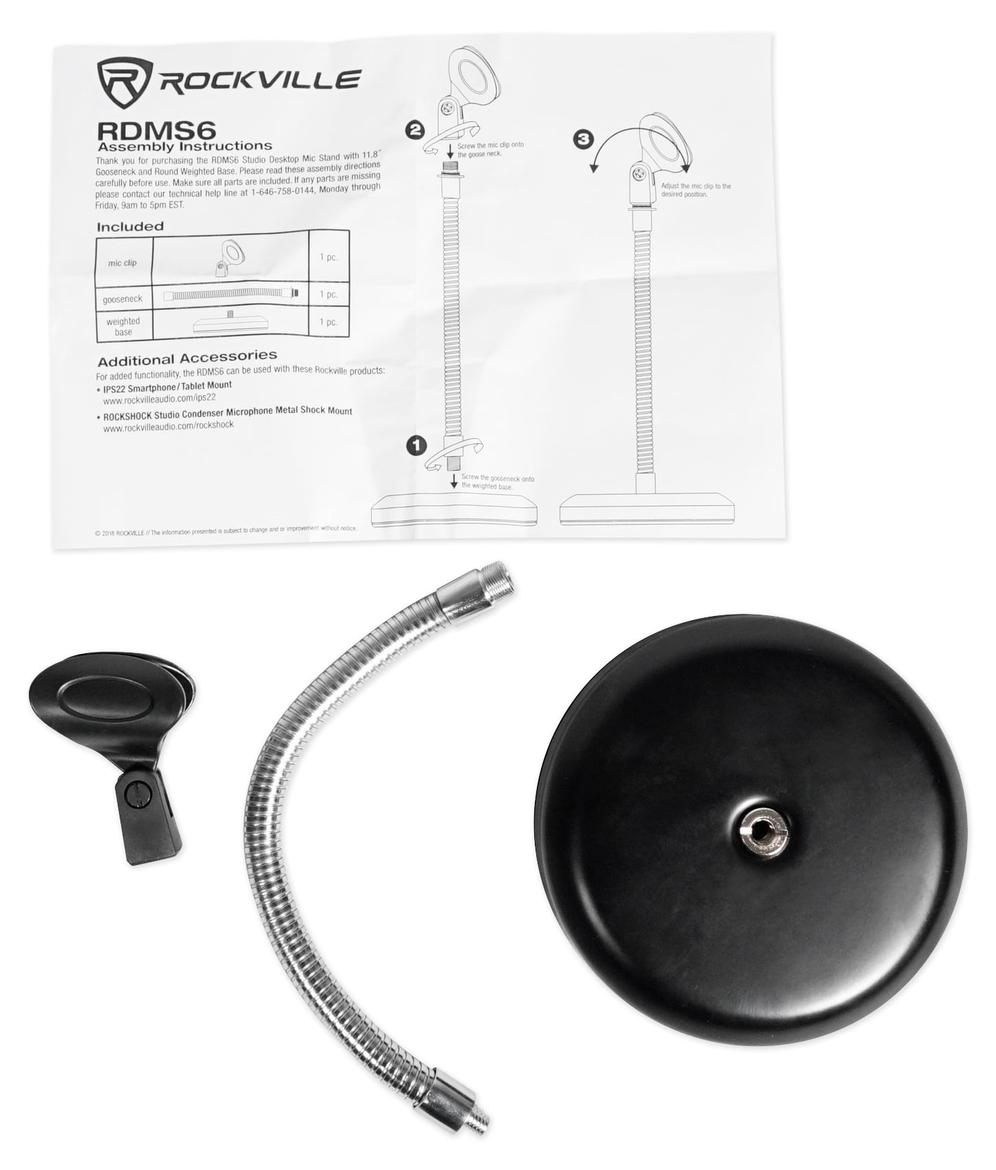 Rockville RDMS6 Studio Desktop Mic Stand w 11.8" Gooseneck+Round Weighted Base