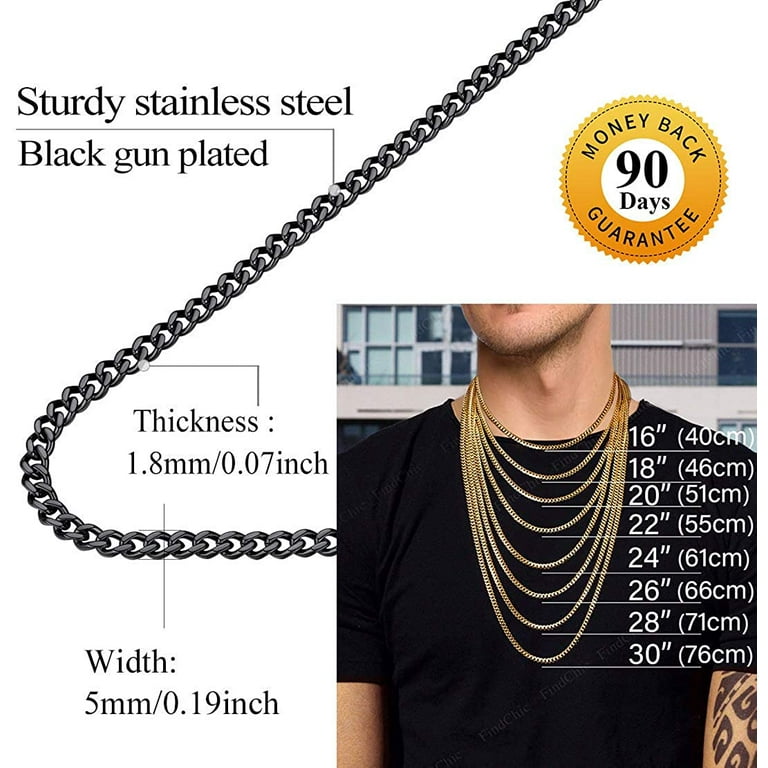 Men Curb Chain Necklace 18K Gold Plated Stainless Steel Black