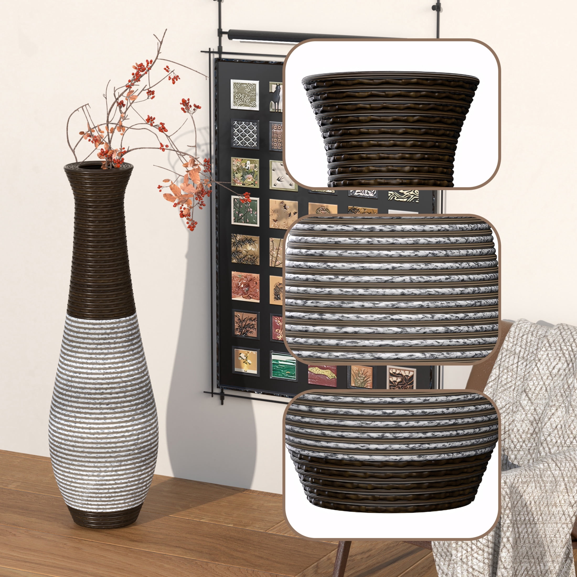 Noble House 40.2" Tall Hand-Woven PVC Rattan-Look Floor Vase, Textured Decorative Vase, Black+Gray