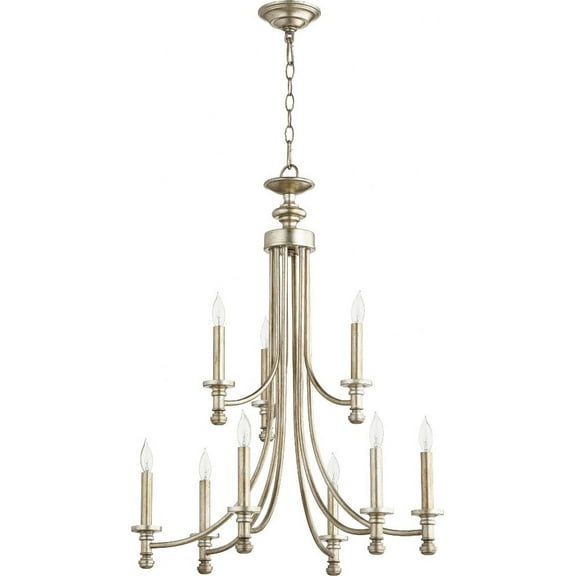 Quorum Lighting Rossington 9-Light Chandelier, Aged Silver Leaf, 26.5W x 31H, Dry Rated