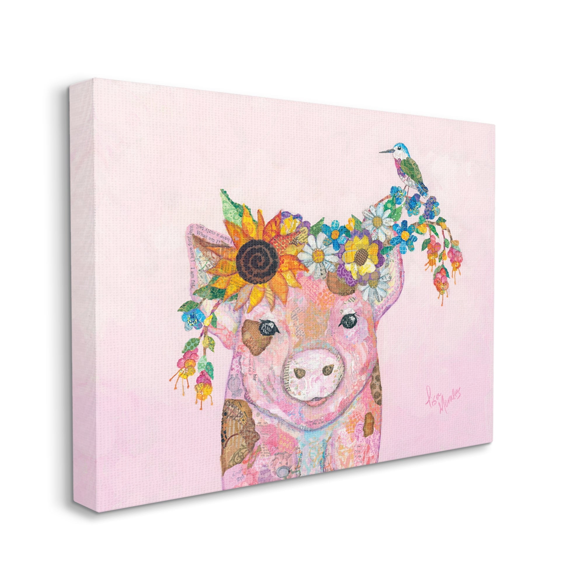 Stupell Industries Floral Pink Little Piggy & Bird Animal Collage Painting Gallery Wrapped Canvas Print Wall Art, Design by Lisa Morales
