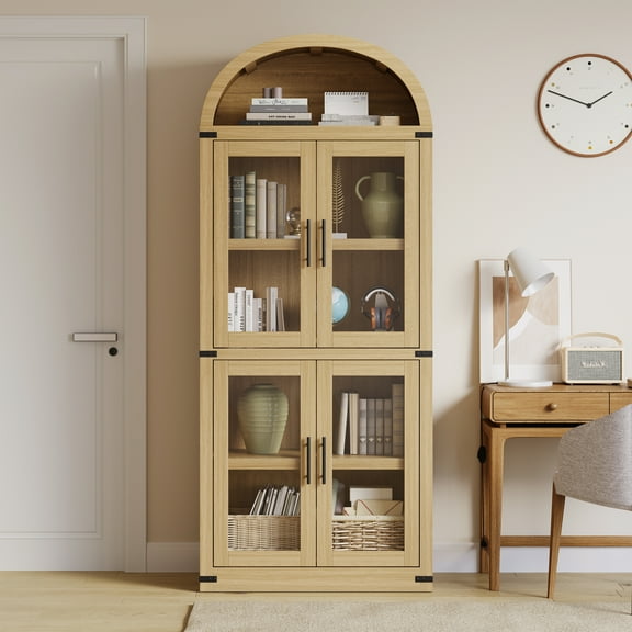 72" Farmhouse Arched Bookshelf with Glass/Wood Doors and Drawers, 15.83" Deep Wooden Display Cabinet, Tall Storage Shelf, Rounded Bookcase for Living Room, Office, Bedroom