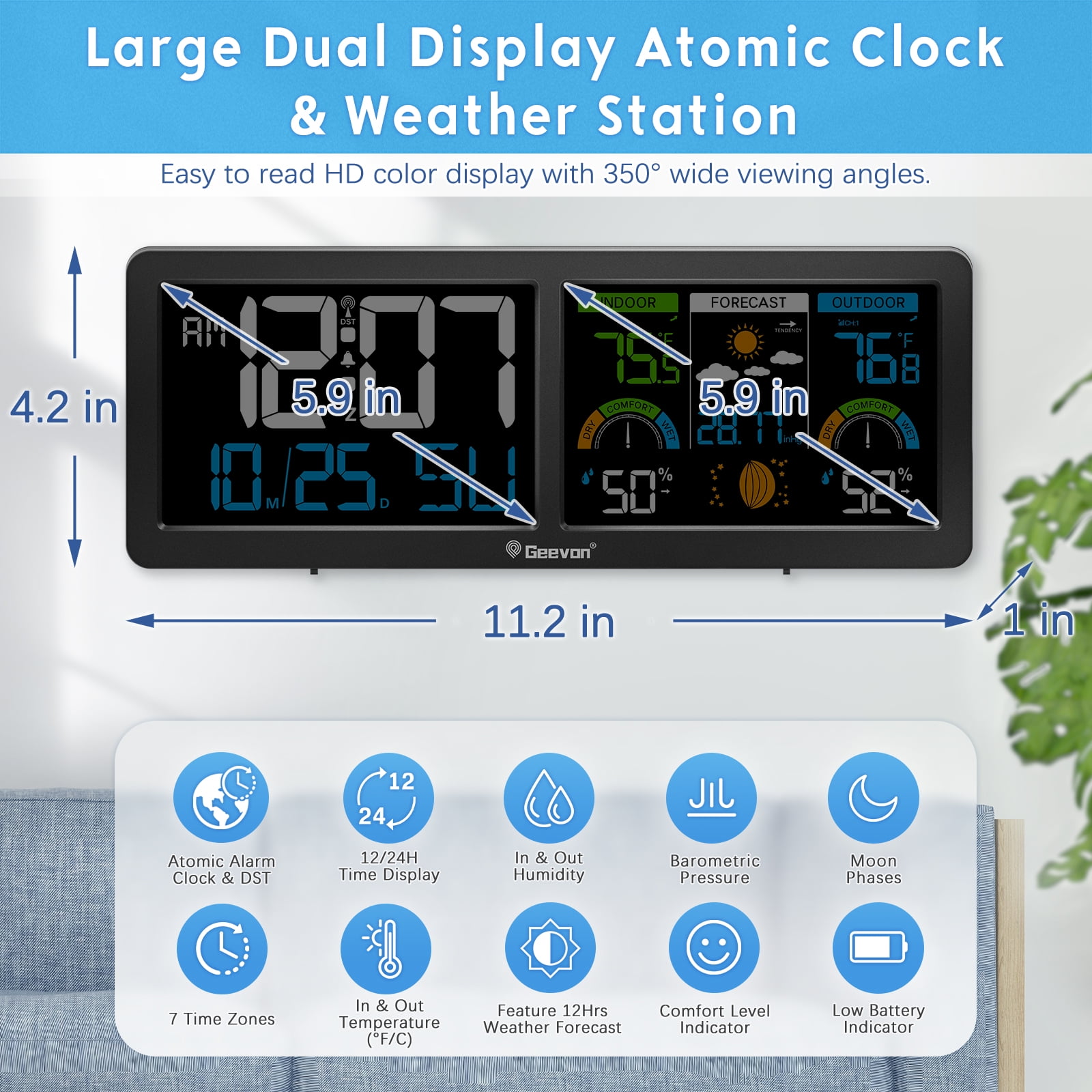 Geevon Weather Station Wireless Indoor Outdoor Thermometer with Atomic Clock, HD Color Display Digital Temperature Humidity Monitor with Barometer, Comfort Indicator, and Adjustable Backlight