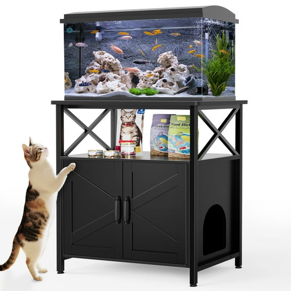 20-29 Gallon Fish Tank Stand, Aquarium Stand with Cat Litter Box Enclosure, Black