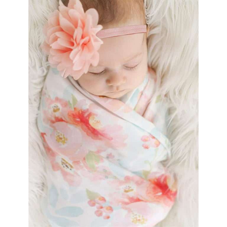 VONTER Newborn Swaddle Receiving Blanket Sets Floral Baby Headbands Sets Soft for Infants Girls Boys Newborn Baby Swaddle Blanket and Headbands Set
