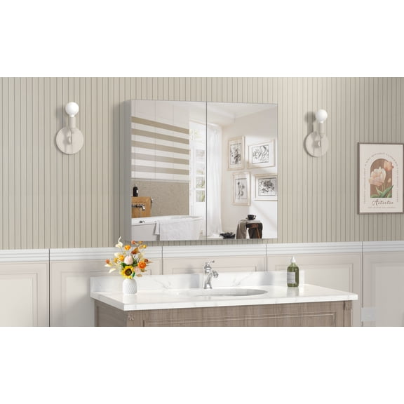 32'' x 28'' Medicine Cabinet with Mirror for Bathroom, Wall Mounted Bathroom Mirror with Storage, Adjustable Shelves, Aluminum Framework, Surface Mount Silver