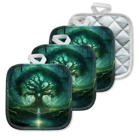 4 Pack Pot Holders,Kitchen Essential, Potholder Set,Enchanted Glowing Tree In A Mysterious Forest Gorge