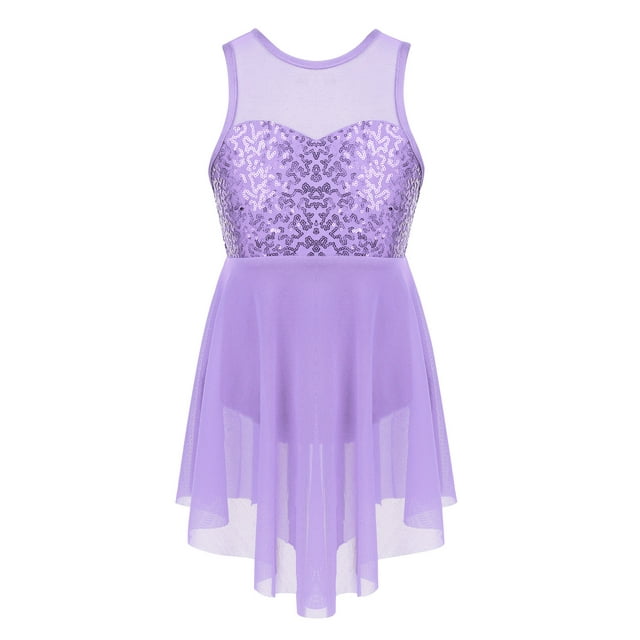 Jelory Robe de Danse Ballet pour Filles Enfants Paillettes Jupe Lyrique Découpée Dos Patinage Artistique Compétition Danse Lavande 14