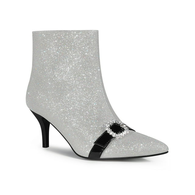 Unique Bargains Rhinestones Pointed Toe Stiletto Heel Glitter Ankle Boots for Women Silver (Size 6)