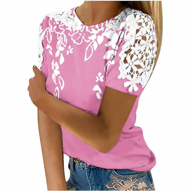Camisas de Manga Corta para las Mujeres Impresión Cuello Redondo Suéter Encaje Camisa, Blusa de Verano Casual para las Mujeres