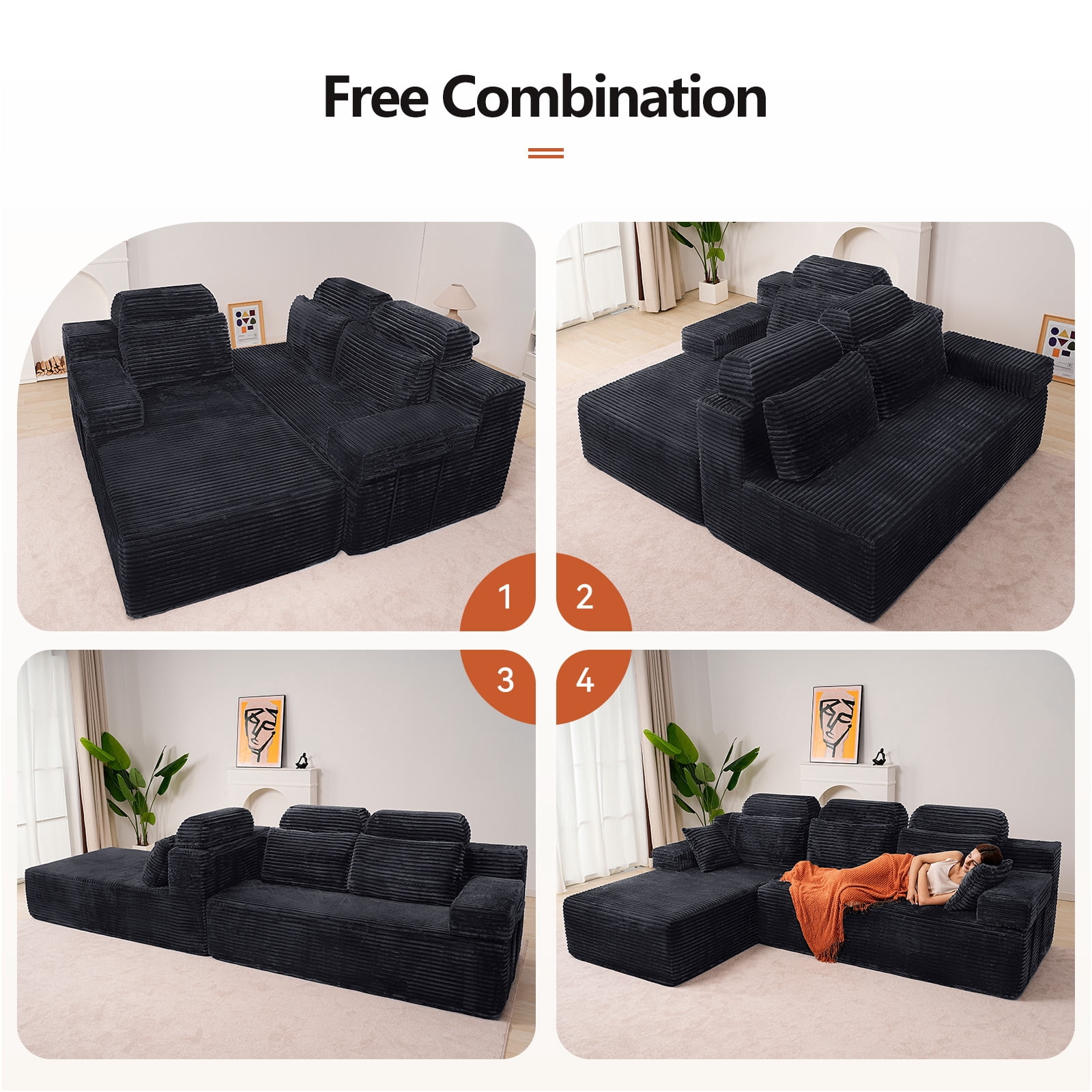 141" Super Large High Backrest Sectional Sofa&Couch, U-Shaped Soft Corduroy Modular Boneless Sofa with Deep Seat for Living Room Bedroom
