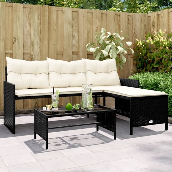 Casafoyer Patio Sofa with Table and Cushions L-Shaped Black Poly Rattan