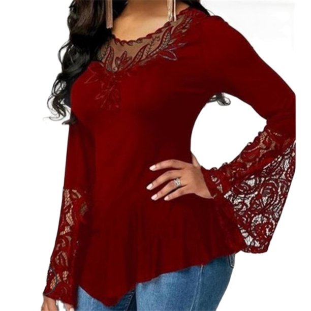 Blusa informal de manga larga con cuello redondo para mujer, camisa Sexy de retazos de encaje, Color liso, moda urbana, Otoño, 2022