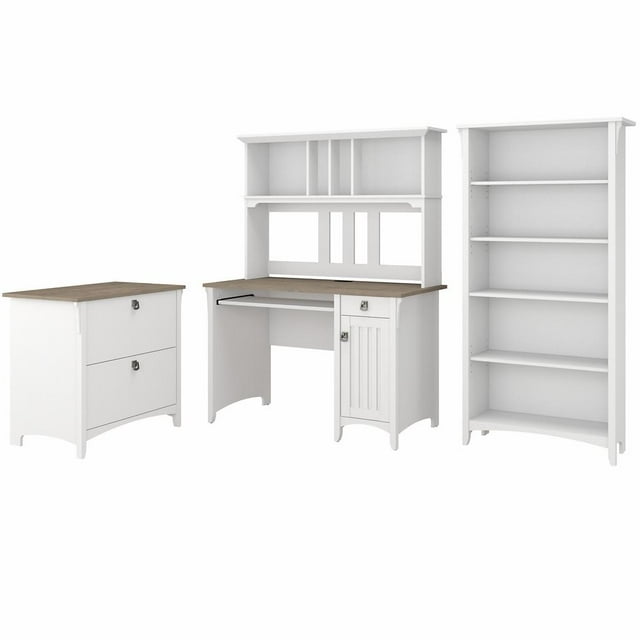Bush Furniture Desk with Hutch, Lateral File Cabinet and 5 Shelf Bookcase Shiplap Gray/Pure White