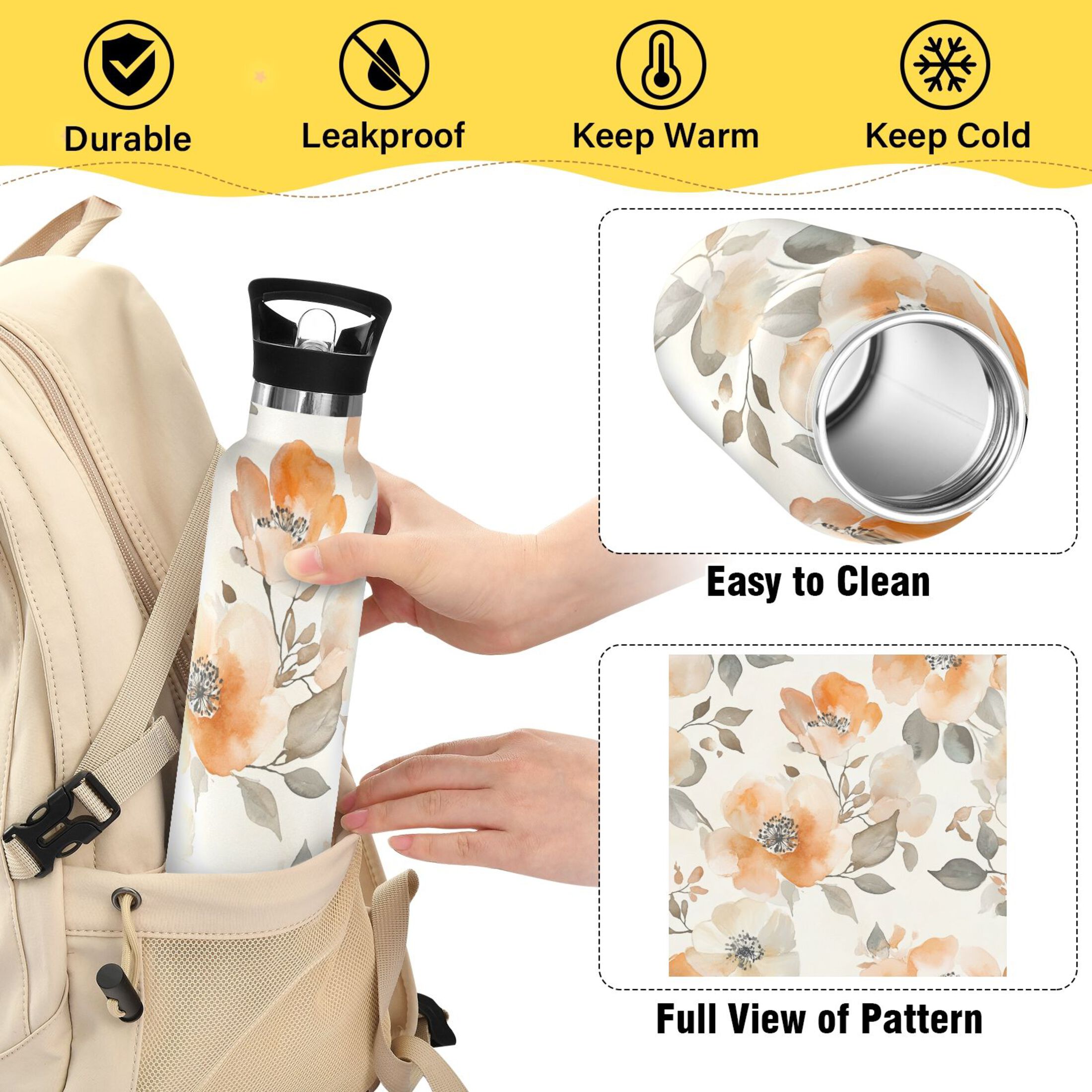 600ML Stainless Steel Insulated Cup Sports Water Bottle Portable Thermos Cup Water Glasses Insulated Tumblers Convenient and Durable Vibrant Cream Flowers