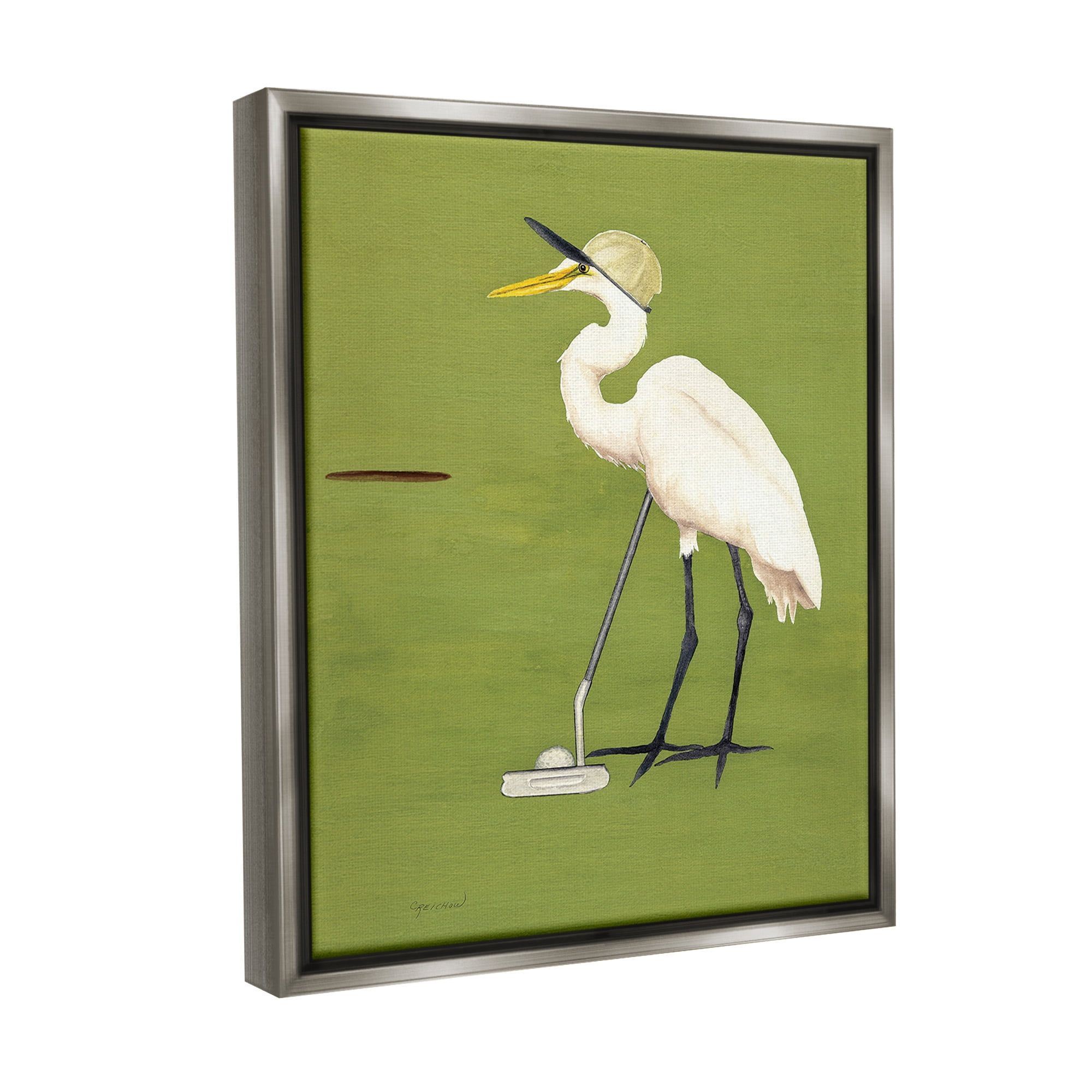 Stupell Industries Golfing Heron Bird Animals & Insects Painting Gray Floater Framed Canvas Art Print Wall Art, 25 x 31