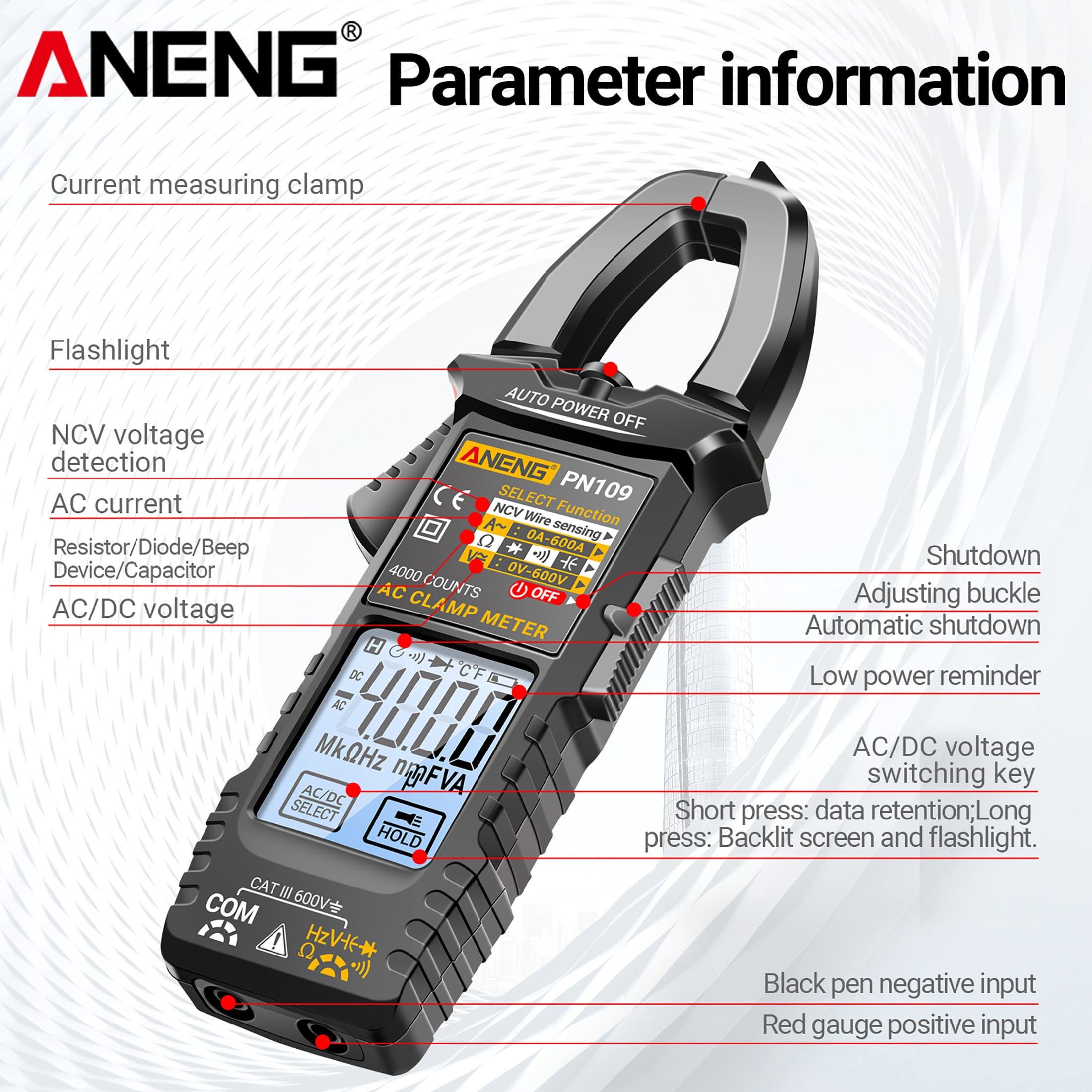 ANENG Smart Touch Clamp Meter Digital Multimeter PN109 600A AC Current 600V AC/DC Voltage NCV Detection 4000 Counts Auto-Off