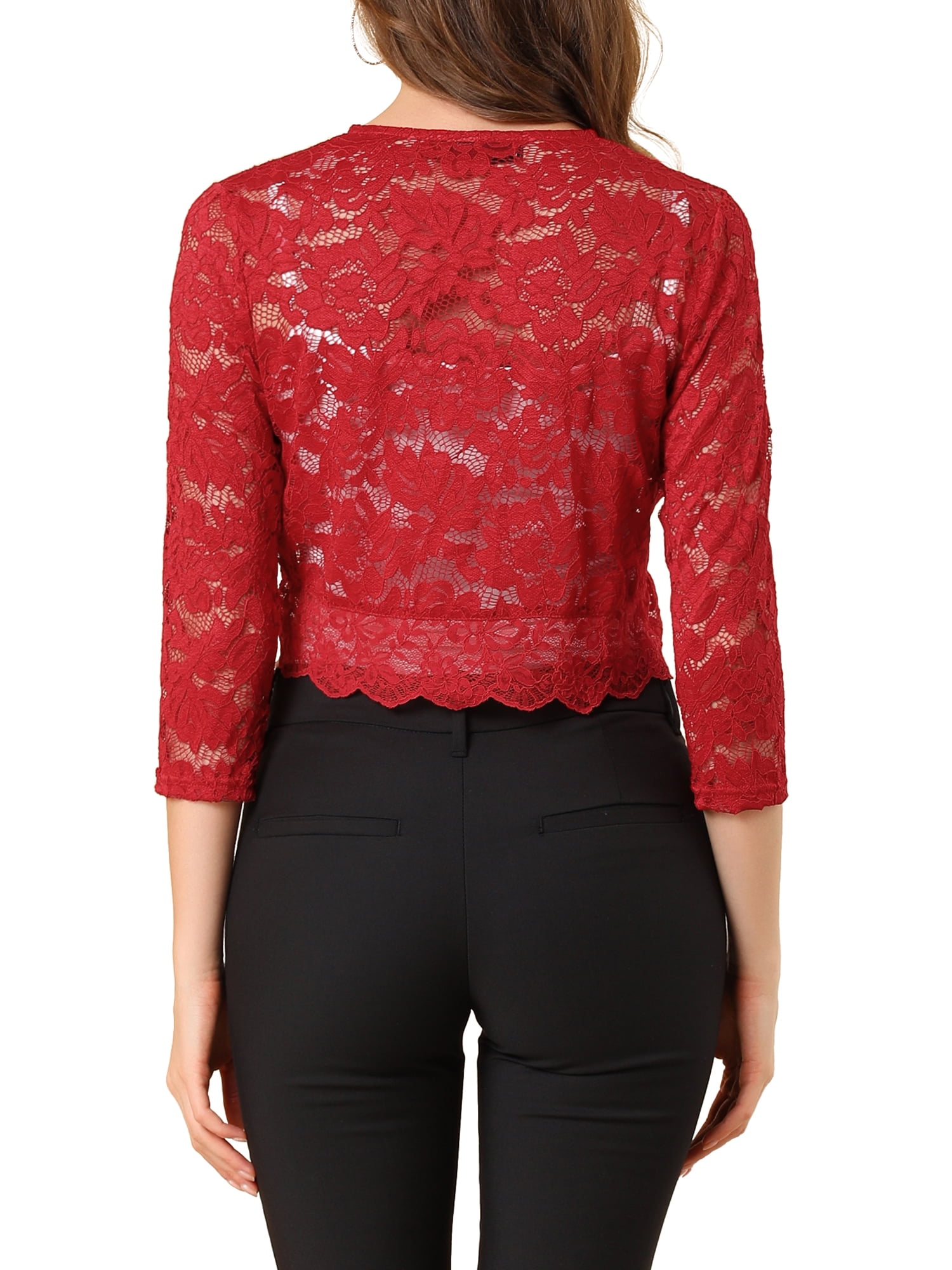 DARING DIVA 3/4 Sleeve Sheer Floral Lace Shrug Top XS Deep Red