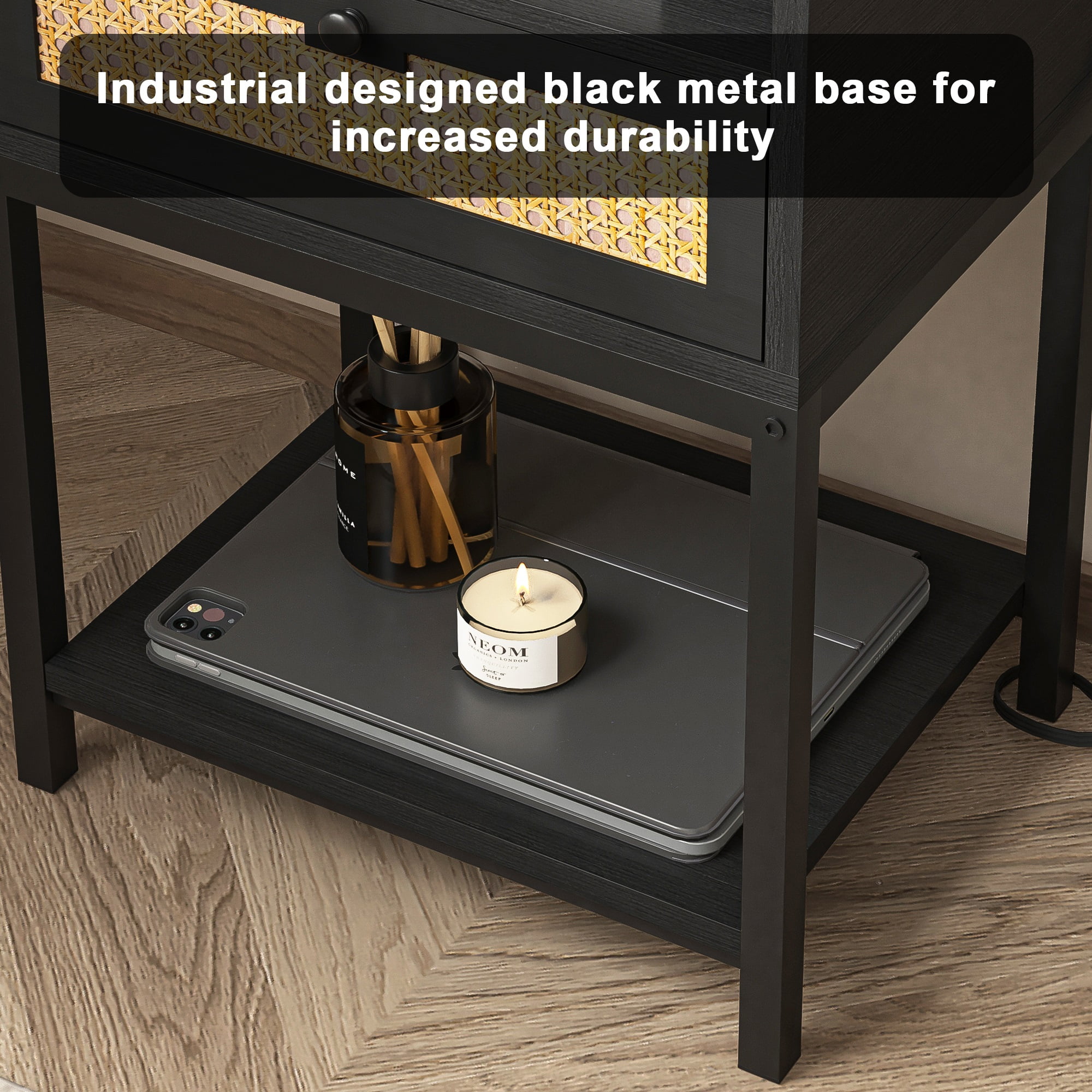 Spaco Nightstand with Charging Station Bed Side Table with Rattan Decoration Drawer Night Stand for Bedroom 3-Tier Storage End Table for Living Room, Black Spaco Nightstand with Charging Station Bed Side Table with Rattan Decoration Drawer Night Stand for Bedroom 3-Tier Storage End Table for Living Room, Black