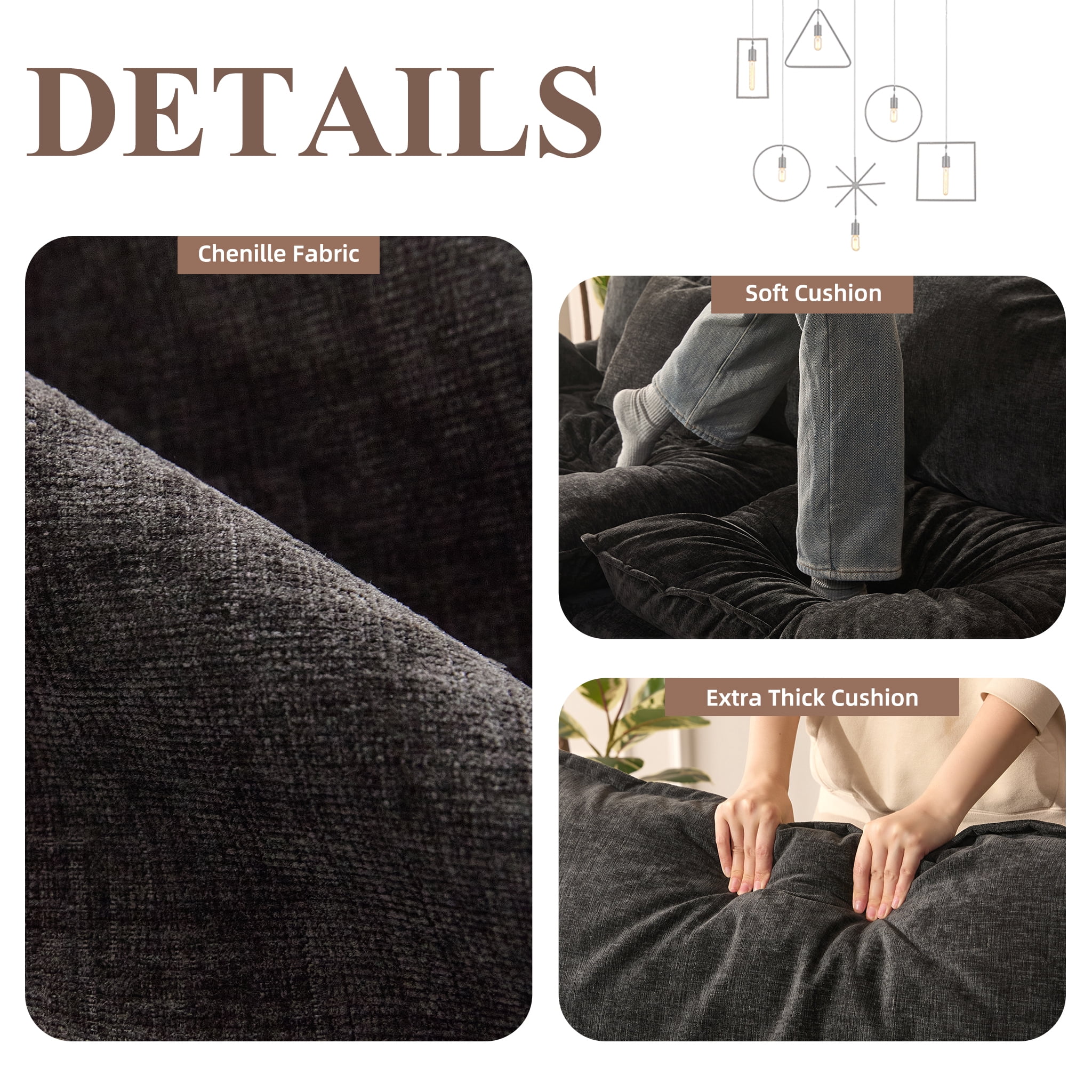 LAKPS 3-Seat Sectional Sofa Couch, Cloud-Style Deep Seating Sleeper Sofa with Included Throw Pillows, Chenille Fabric Upholstery, Modern Living Room Sofa, Black