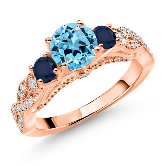 Gem Stone King 18K Rose Gold Plated Silver Swiss Blue Topaz Blue Sapphire and White Moissanite Engagement Ring for Women (1.57 Cttw, Gemstone November Birthstone, Round 6MM and 3MM, Size 6)