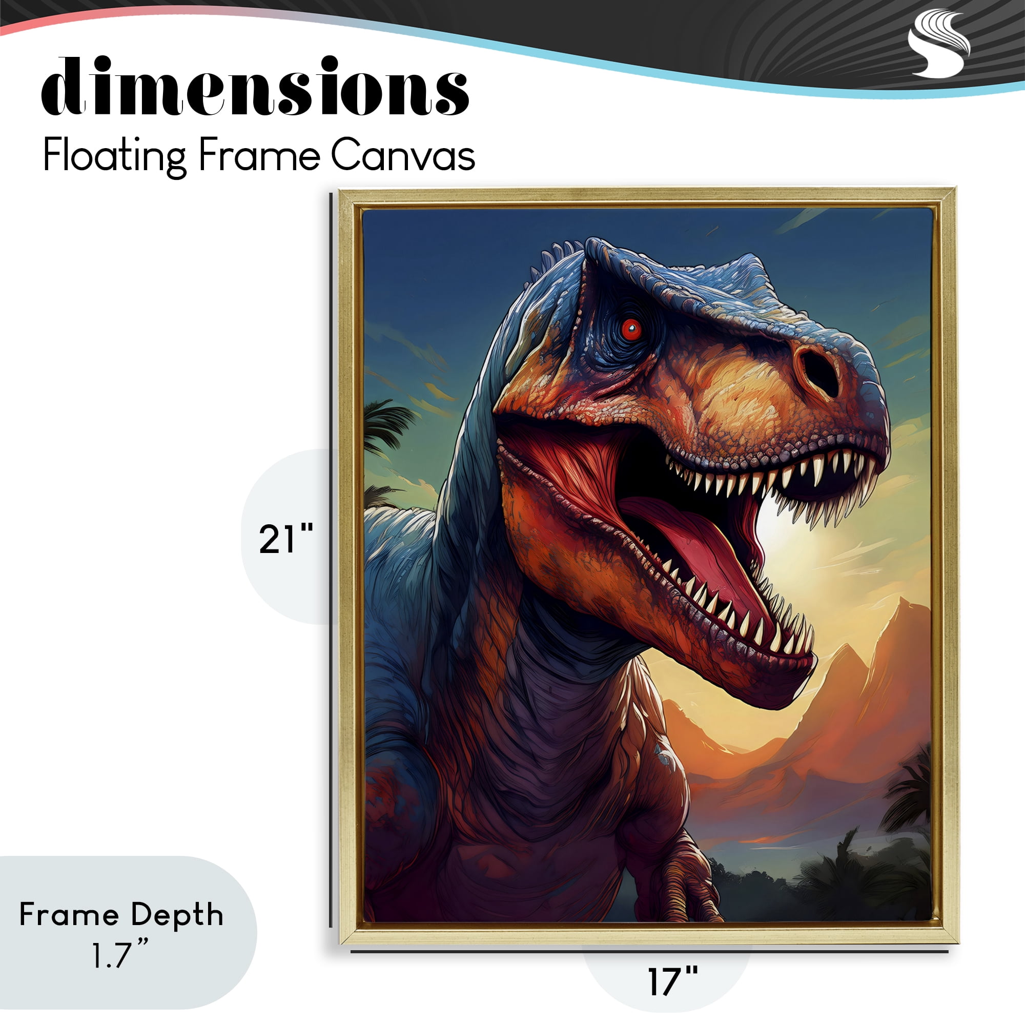 Stupell Industries Dinosaur with Sunset Landscape Gold Framed Floater Canvas Wall Art, design by Creative Studio