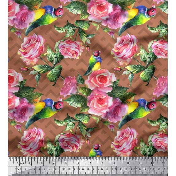 Soimoi Silk Fabric Bird,Leaves & Rose Floral Print Fabric by the Yard 42 Inch Wide