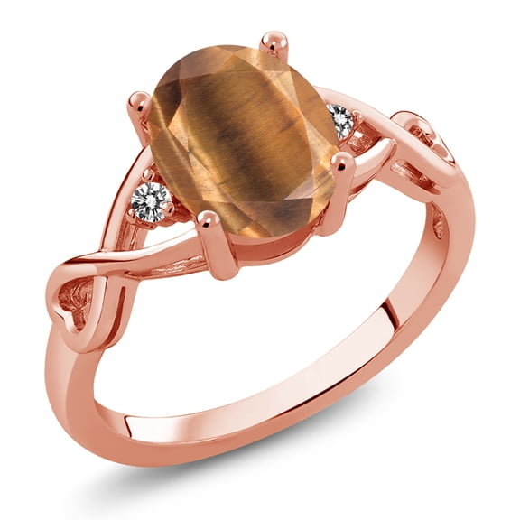 Gem Stone King 1.56 Ct Oval Brown Tiger Eye White Diamond 18K Rose Gold Plated Silver Ring (Size 8)