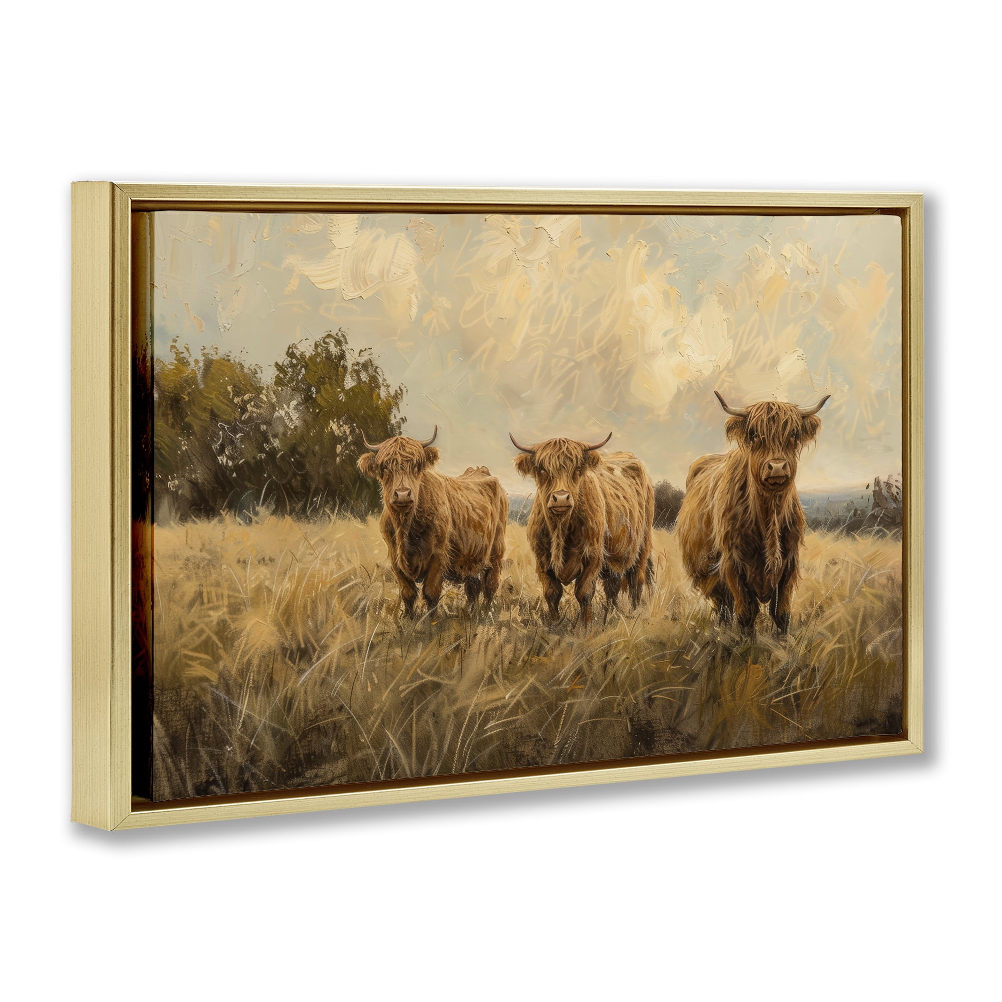 Stupell Industries Three's A Party Cattle Animals & Insects Painting Gold Floater Framed Canvas Art Print Wall Art, 31 x 21