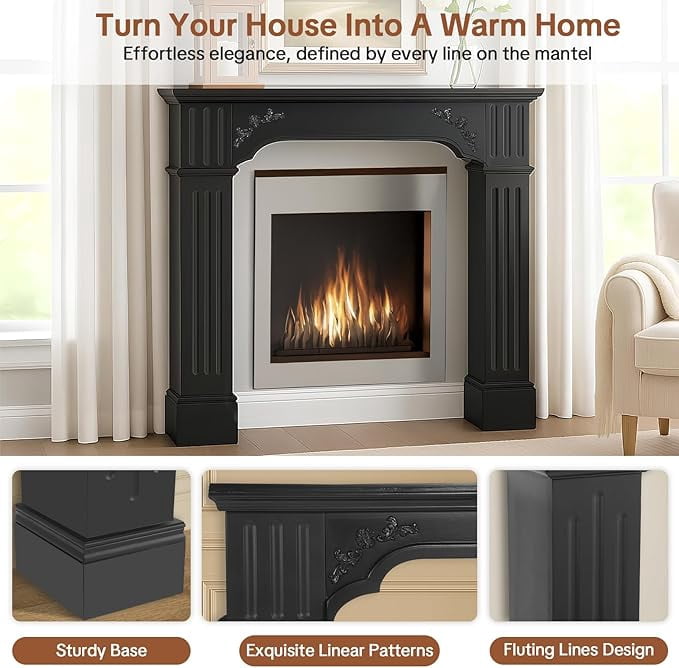 HOMEDIARY Modern Black Freestanding Fireplace Mantel Surround – Waterproof, Anti-Tipping Premium MDF Mantel with Leg for Living Room Décor