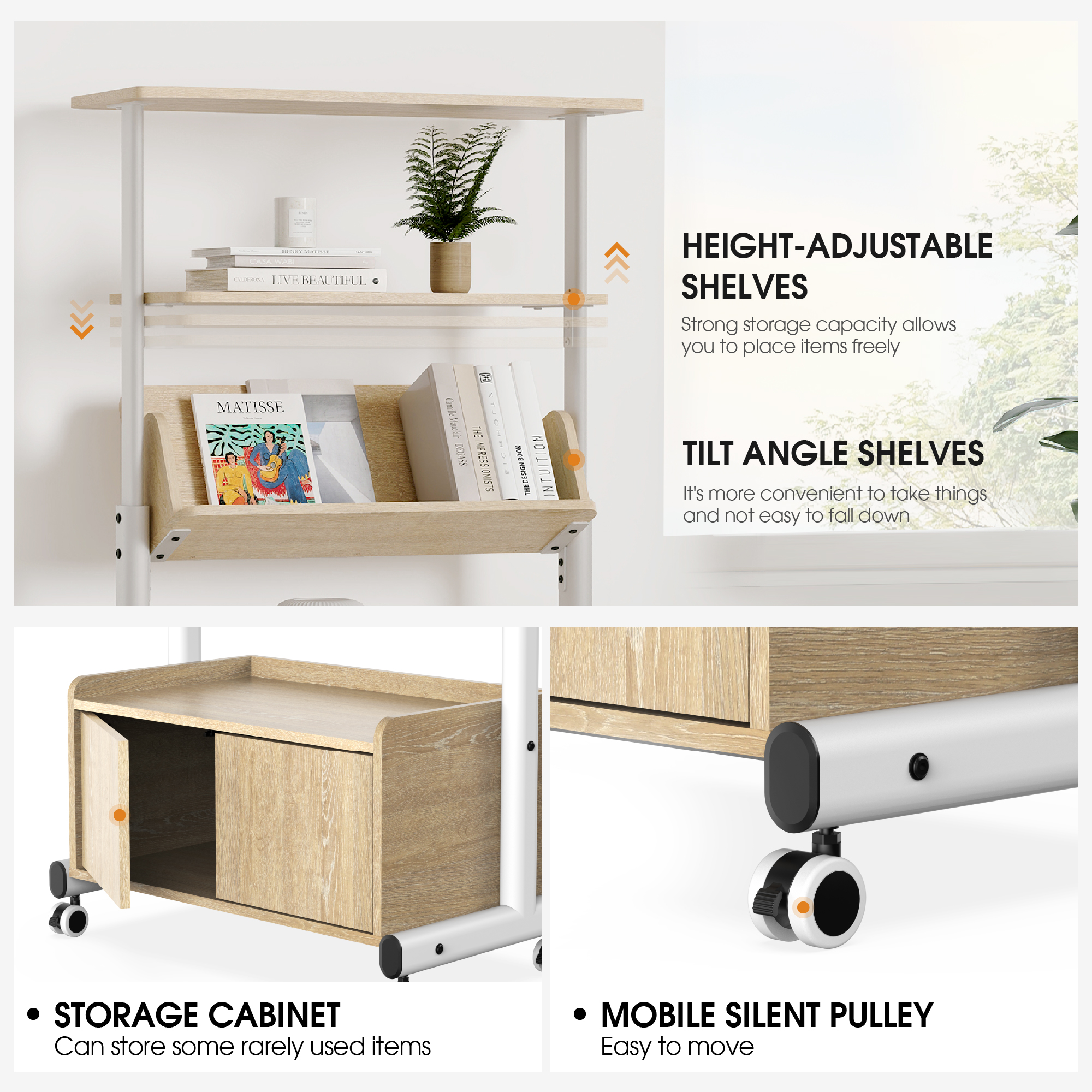 Fenge Bookshelf with Door, 4 Tier Small Bookcase with Storage Cabinet