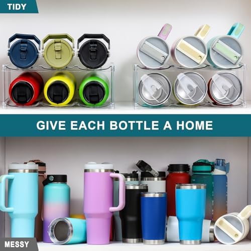 LARGER Compartment - Stackable Water Bottle Organizer Holder - for Stanley & Others' Large Tumbler - Clear Wine Rack, Cup Bottle Holder for Cabinet Home Countertop Fridge Pantry Shelf, 2 Tier Hold 6