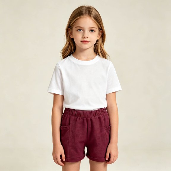 XINXIAOO Girls' Casual Ruffled Paperbag Waist Shorts Elastic Wine SweatShorts Teen Summer Wide Leg Shorts with Pockets for Kids 6-7 Years