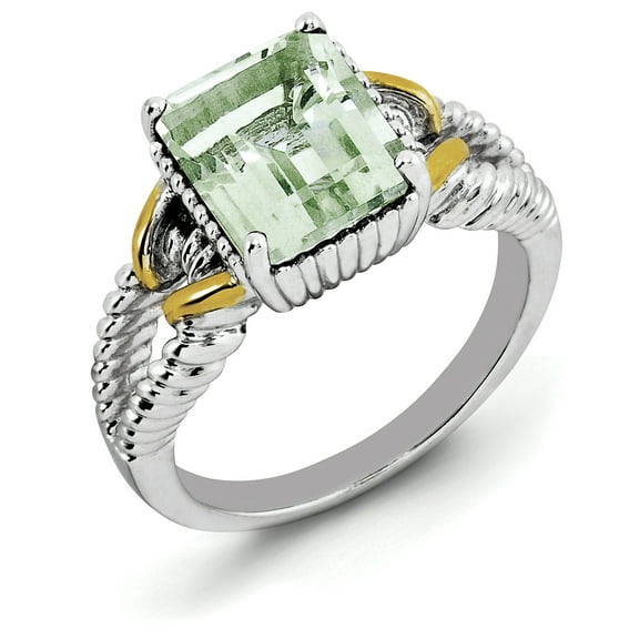 Primal Silver Sterling Silver Rhodium with Flash Gold-plate Green Quartz Ring