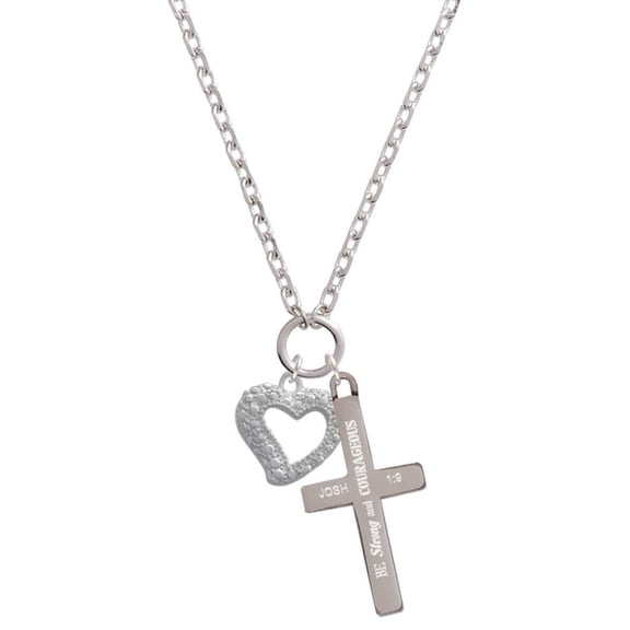Delight Jewelry Silvertone Textured Open Heart Be Strong and Courageous Engraved Cross Zoey Necklace, 28"